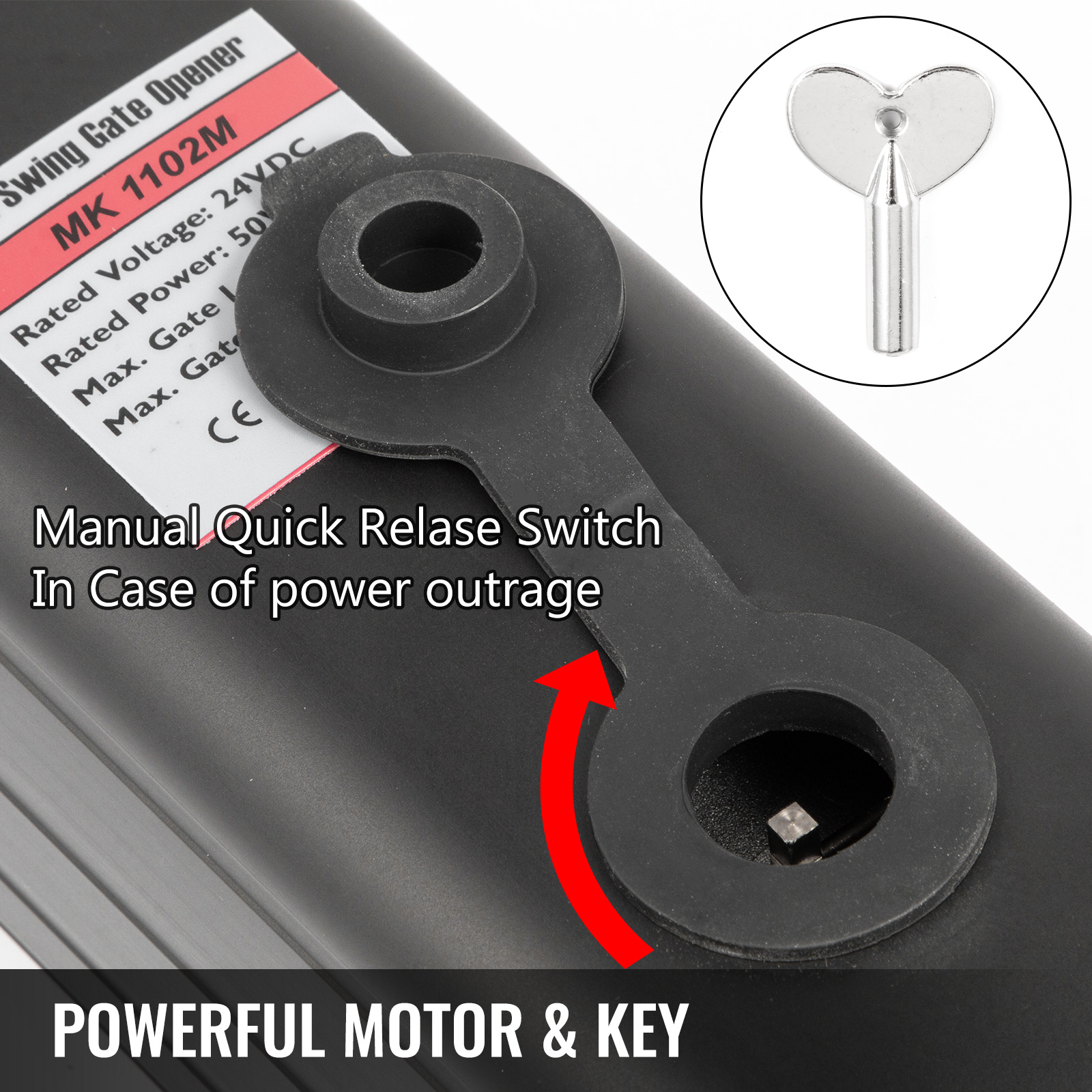 VEVOR swing gate opener with manual quick release switch and powerful motor & key.