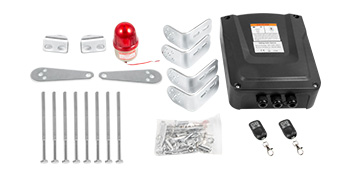 VEVOR electric gate opener kit with control box, brackets, remotes, and hardware.