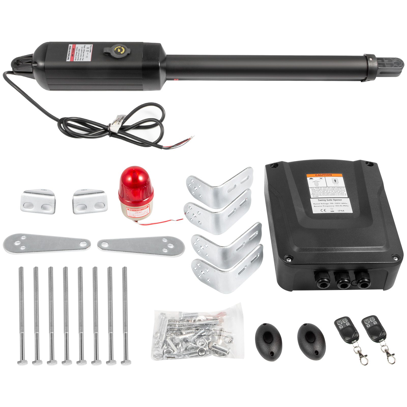 VEVOR electric gate opener with accessories, including remotes and mounting hardware.