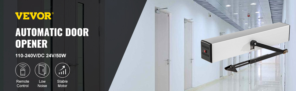 VEVOR automatic door opener in corridor, 110-240v/dc, 24v/50w, remote control, low noise.