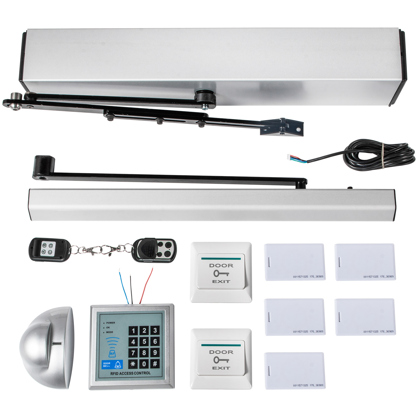 VEVOR automatic door opener kit with remotes, access control keypad, and door exit buttons.
