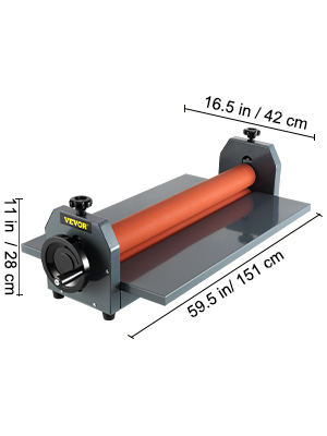 VEVOR cold laminator with dimensions 59.5 x 16.5 x 11 inches, gray base and orange roller.