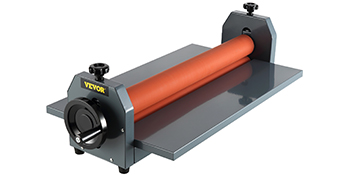 orange roller on a gray VEVOR cold laminator platform with black adjustment knobs.