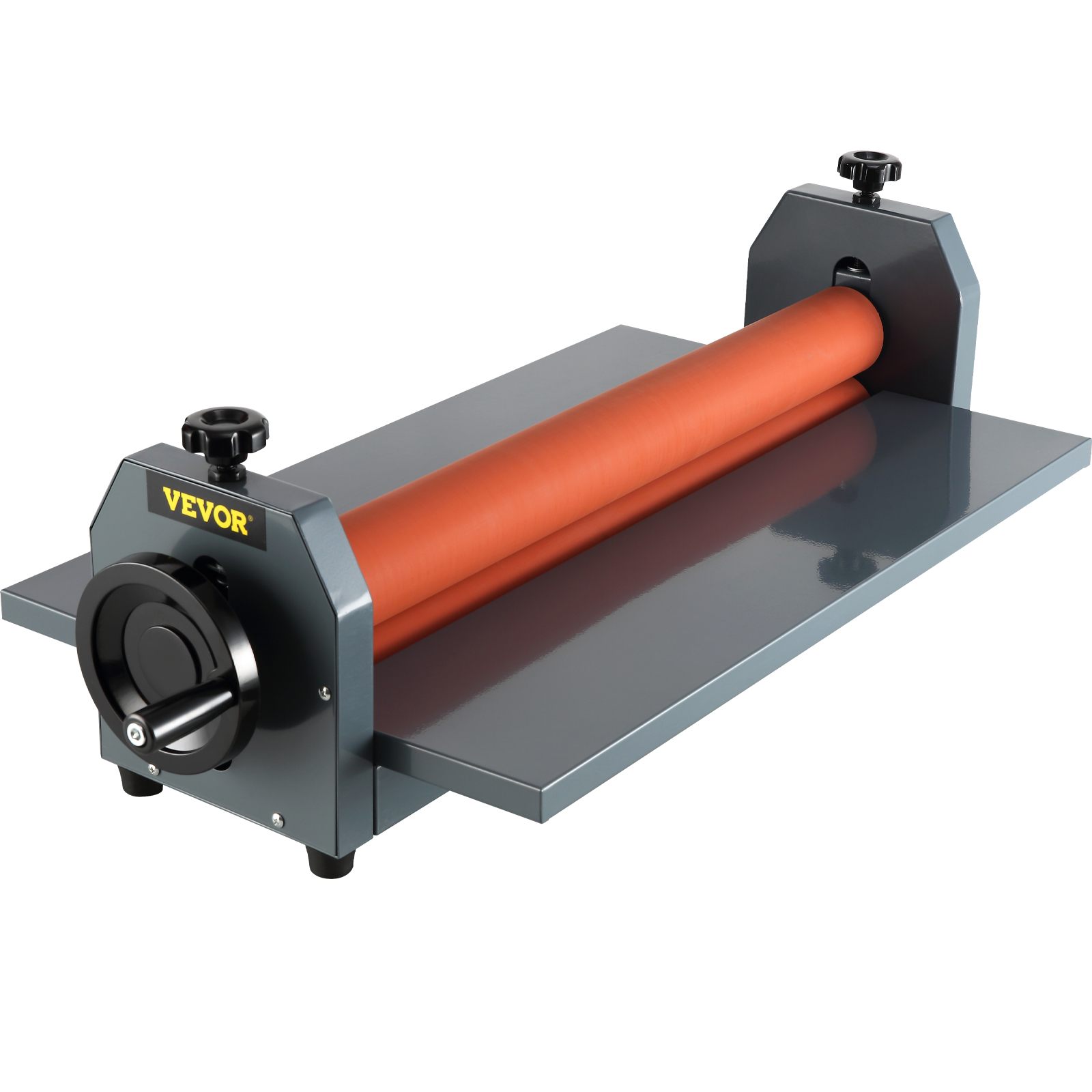 orange-roller VEVOR cold laminator on gray base, ready for lamination tasks.