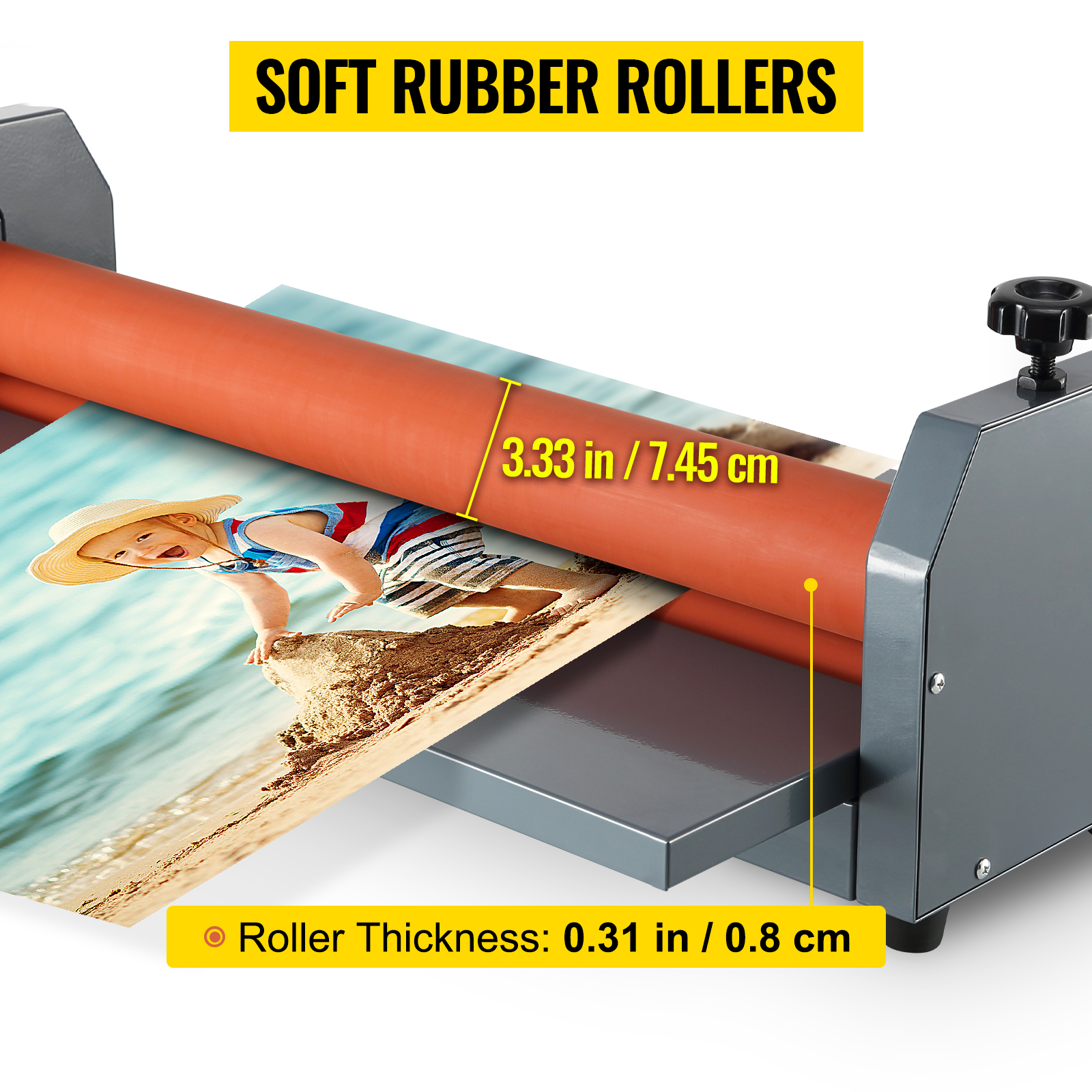 VEVOR cold laminator with soft rubber rollers laminating a photo of a child at the beach.