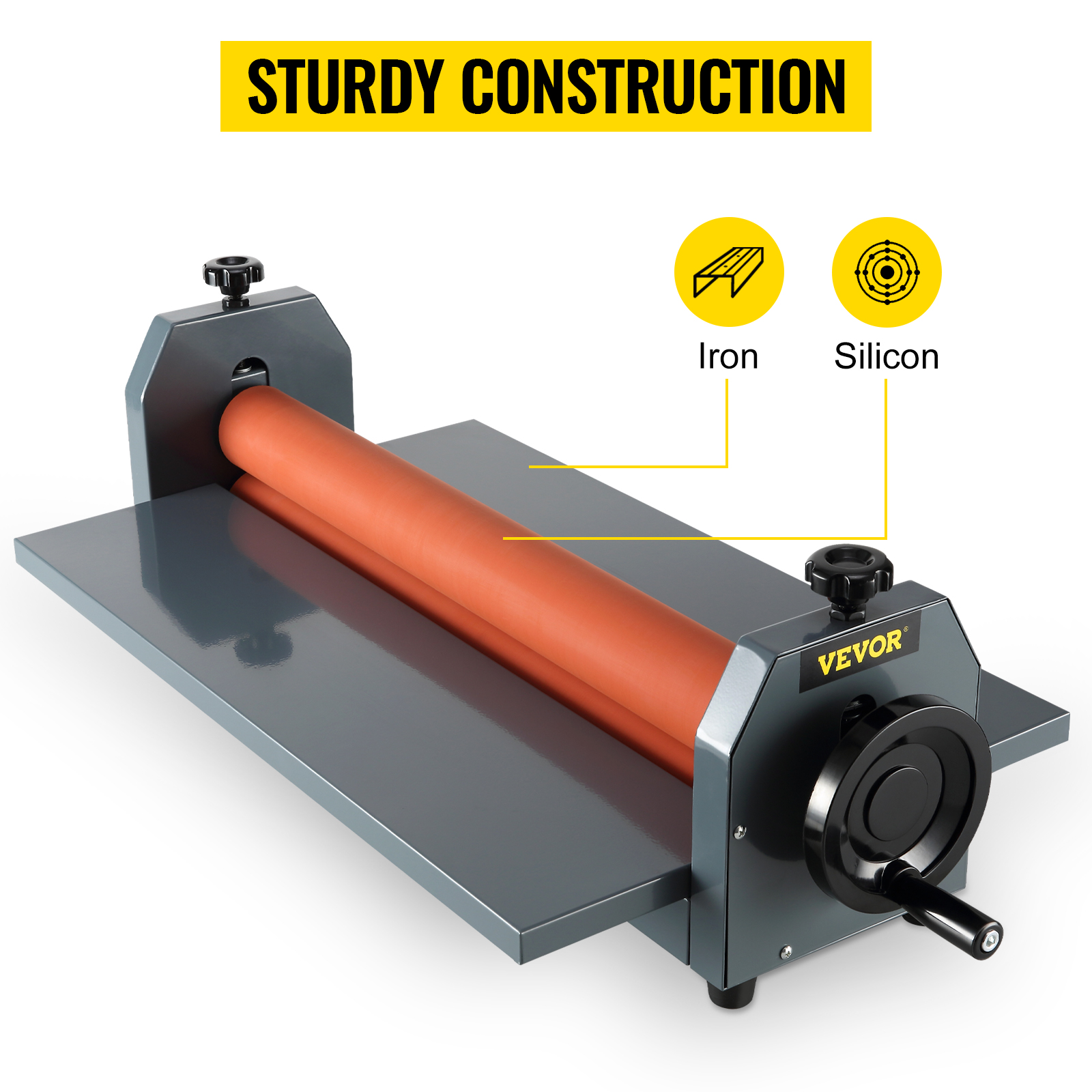 VEVOR cold laminator with sturdy iron and silicon construction, featuring manual crank.