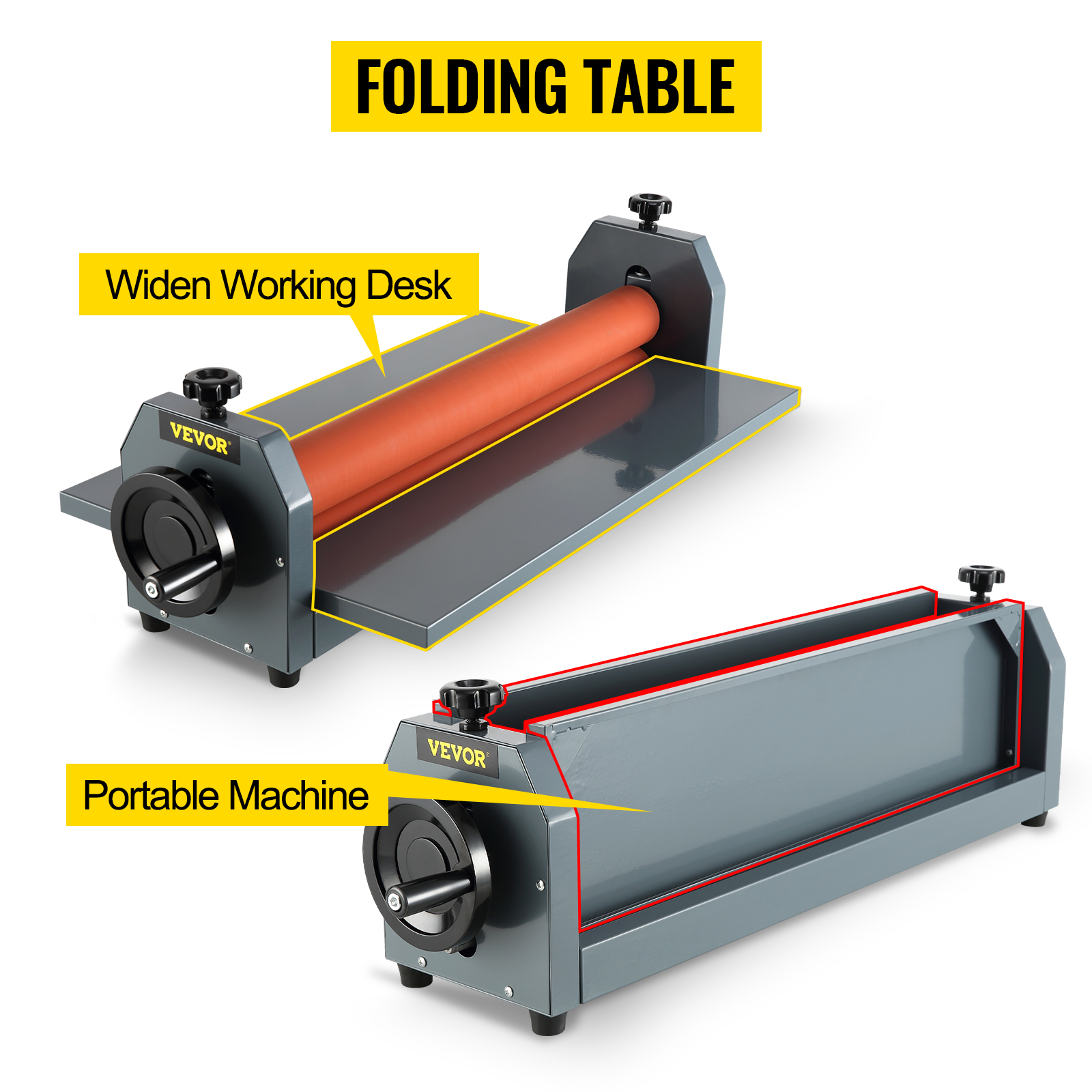 VEVOR cold laminator with folding table, widened working desk, and portable machine.