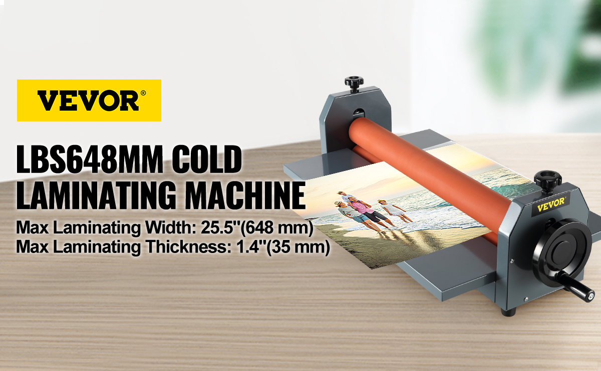 VEVOR aukstā ruļļa laminātors ar maksimālo platumu 25,5" un biezumu 1,4".