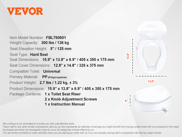 VEVOR white raised toilet seat, 5-inch elevation, hard seat, universal fit, 300 lbs capacity.