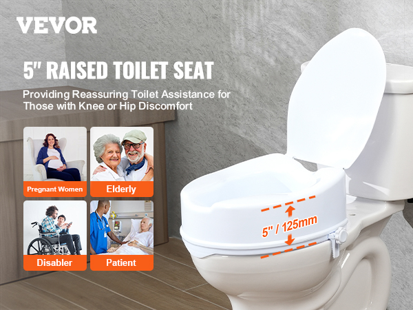 VEVOR raised toilet seat offers 5" lift for pregnant women, elderly, disabled, and patients.