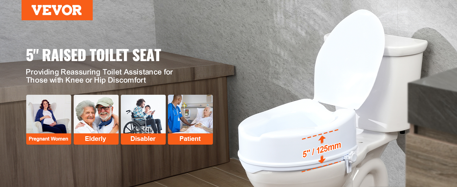 VEVOR raised toilet seat offers 5" lift for pregnant women, elderly, disabled, and patients.