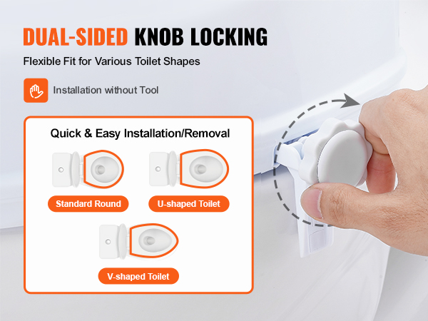 dual-sided knob locking for VEVOR raised toilet seat; easy installation for standard, u, and v-shaped toilets.