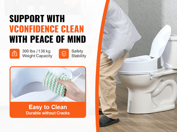 VEVOR raised toilet seat with 300 lbs capacity, easy to clean, durable without cracks, safety, and stability.