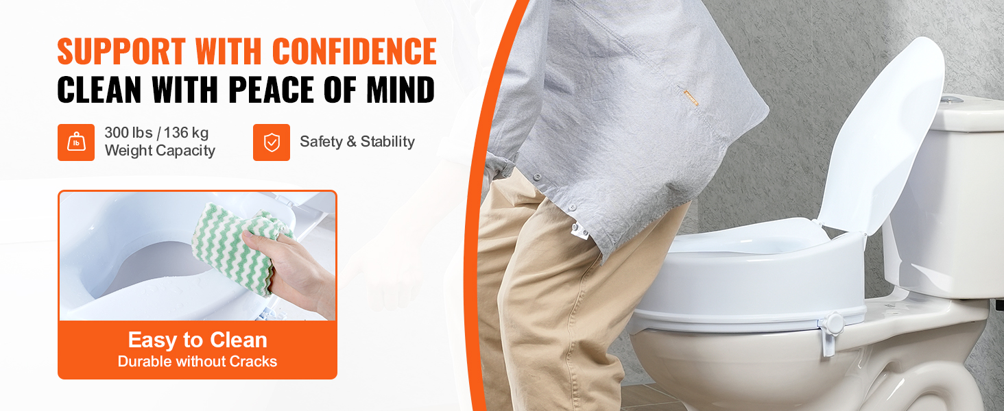 VEVOR raised toilet seat with 300 lbs capacity, easy to clean, durable without cracks, safety, and stability.