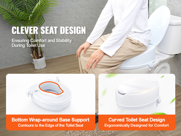 VEVOR raised toilet seat with wrap-around base support and curved design for ergonomic comfort.