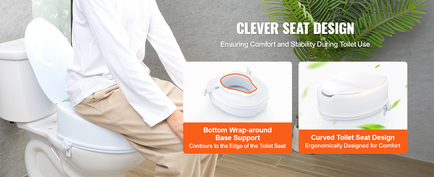 VEVOR raised toilet seat with wrap-around base support and curved design for ergonomic comfort.