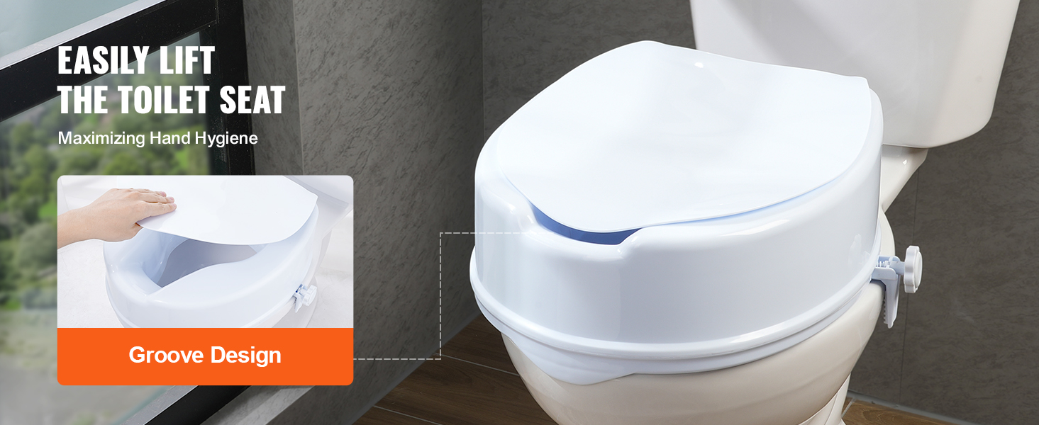 VEVOR raised toilet seat with groove design for easy lifting and maximizing hand hygiene.