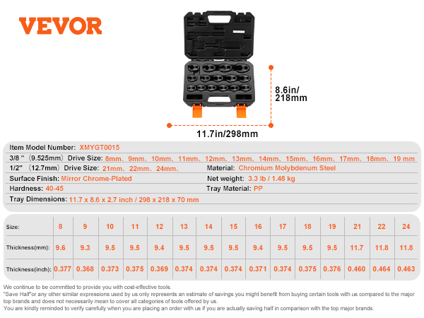 VEVOR crowfoot wrench set dimensions and details with a black case, including drive sizes from 8mm to 24mm