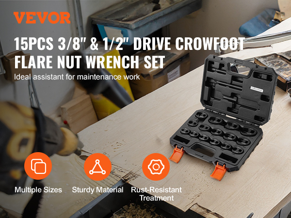 VEVOR crowfoot wrench set with 15 pieces in a sturdy case, ideal for maintenance work.