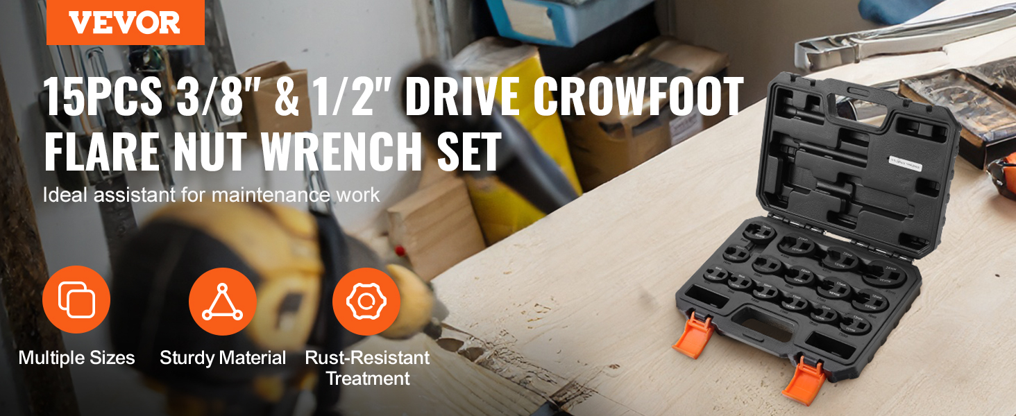VEVOR crowfoot wrench set with 15 pieces in a sturdy case, ideal for maintenance work.