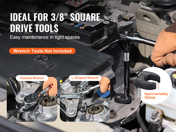 ideal for 3/8" square drive tools, showcasing VEVOR crowfoot wrench set, ratchet wrench, and l-shaped wrench.