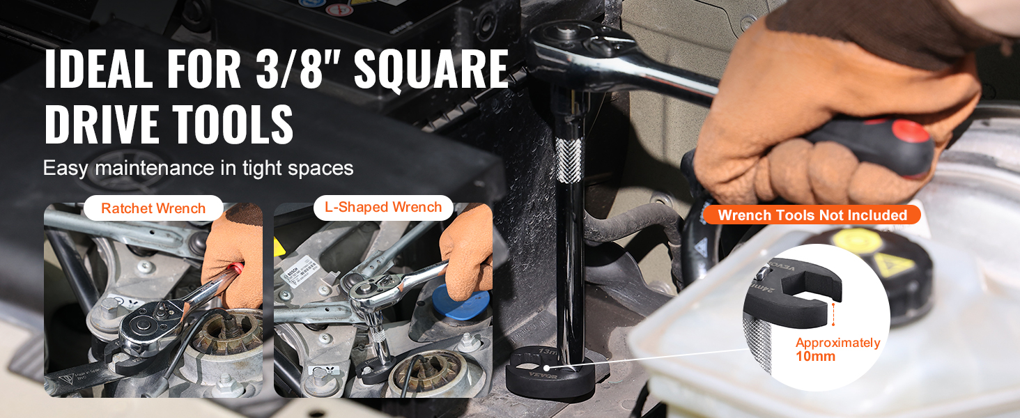 ideal for 3/8" square drive tools, showcasing VEVOR crowfoot wrench set, ratchet wrench, and l-shaped wrench.
