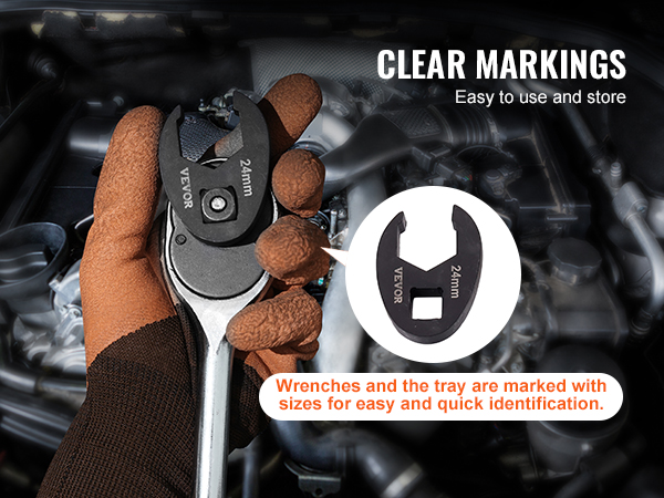 gloved hand holding a 24mm VEVOR crowfoot wrench with clear size markings for easy identification.