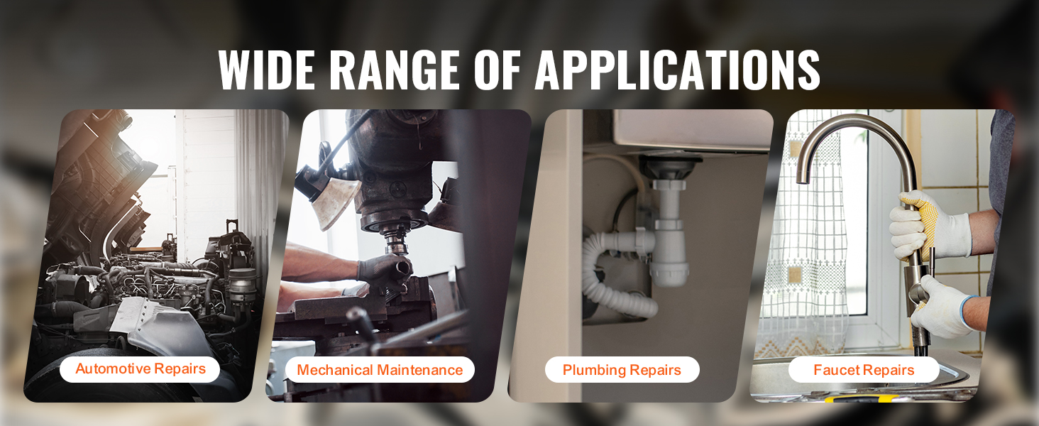 wide range of applications for VEVOR crowfoot wrench set: automotive, mechanical, plumbing, and faucet repairs.