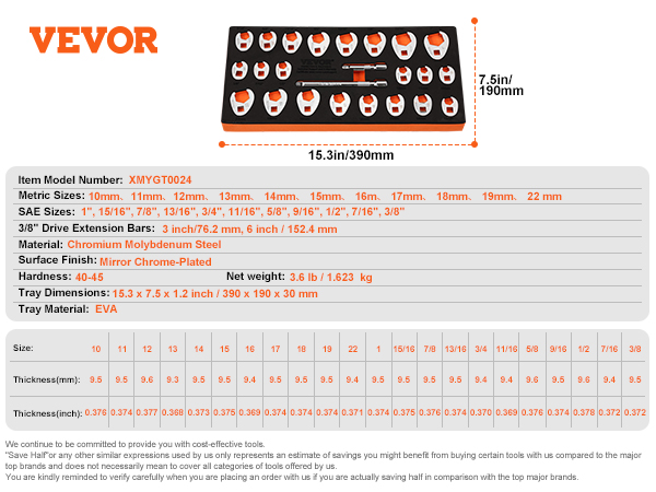 VEVOR crowfoot wrench set with metric and sae sizes, chromium molybdenum steel, and eva tray.