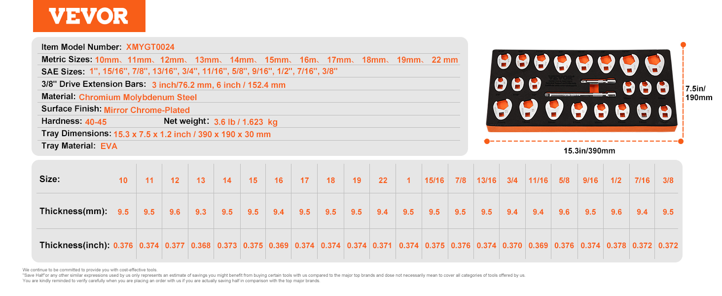 VEVOR crowfoot wrench set with metric and sae sizes, chromium molybdenum steel, and eva tray.