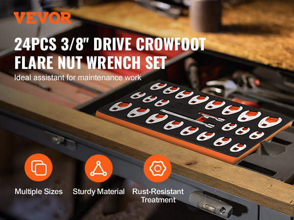 VEVOR crowfoot wrench set 24pcs 3/8" drive on a workbench with orange icons highlighting key features.