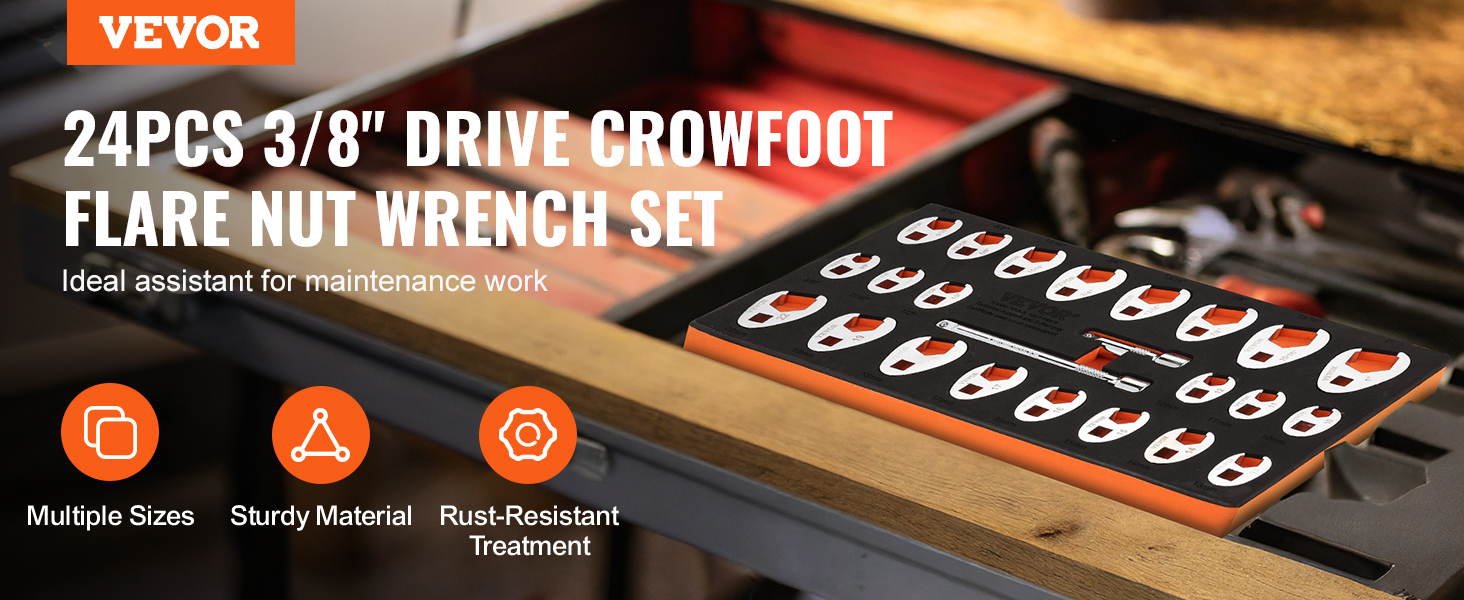 VEVOR crowfoot wrench set 24pcs 3/8" drive on a workbench with orange icons highlighting key features.