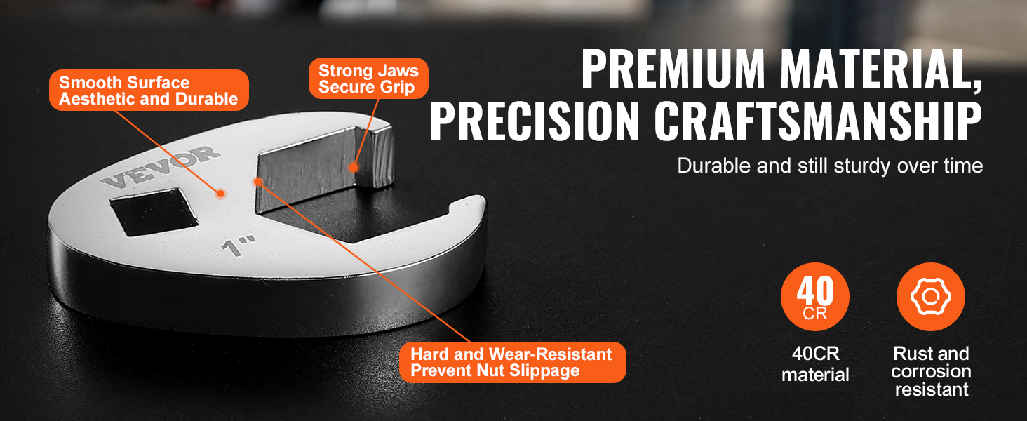 VEVOR crowfoot wrench set with smooth surface, strong jaws, 40cr material, and rust resistance.