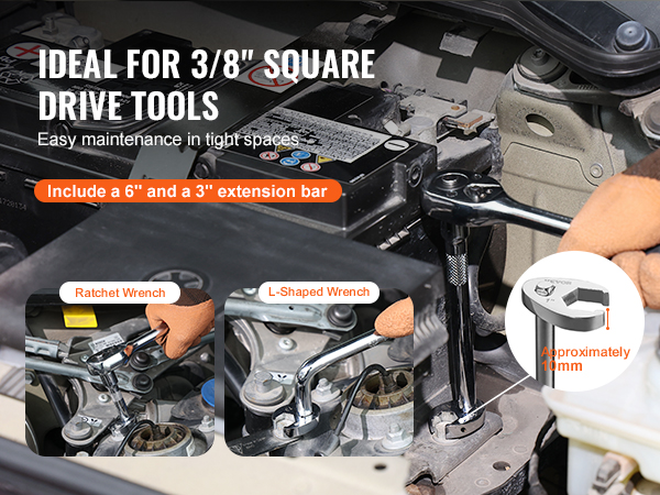 ideal for 3/8" drive tools, VEVOR crowfoot wrench set with 6" and 3" extension bars, easy maintenance.