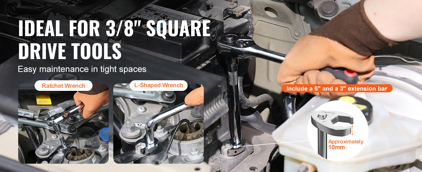 ideal for 3/8" drive tools, VEVOR crowfoot wrench set with 6" and 3" extension bars, easy maintenance.