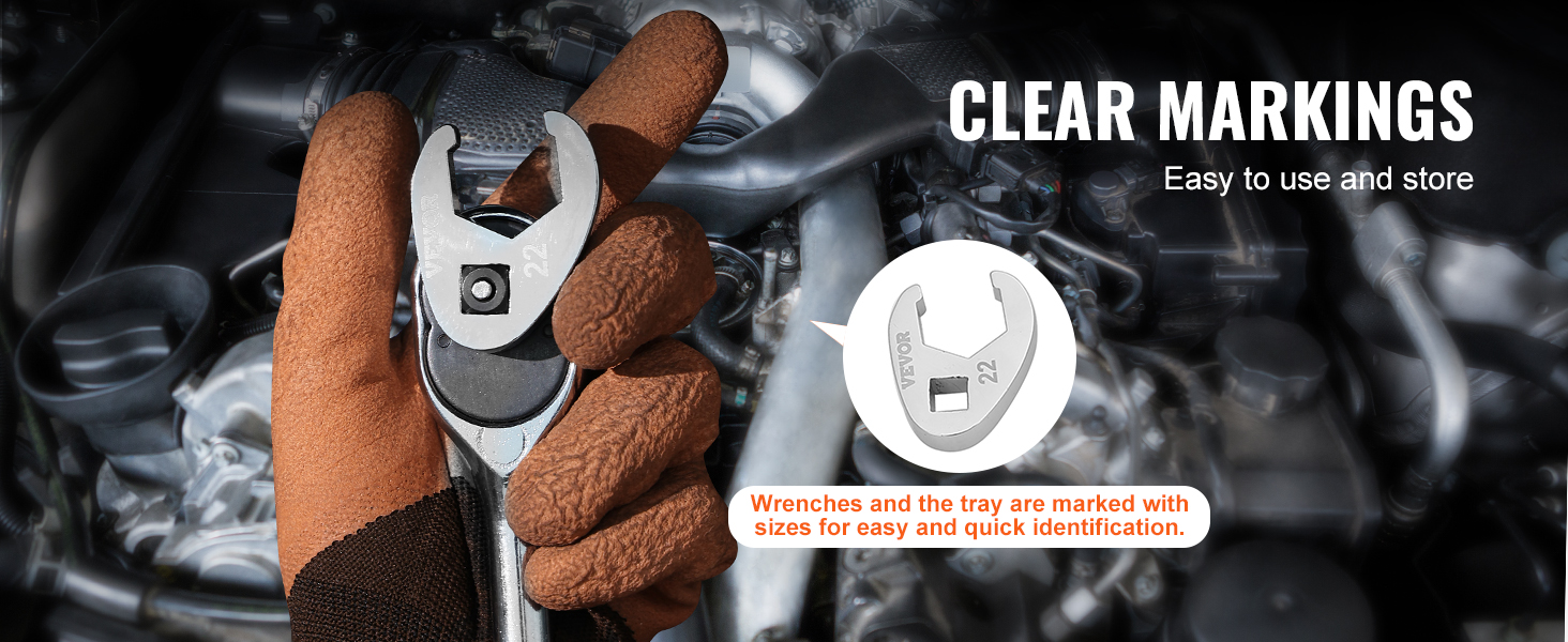 mechanic using VEVOR crowfoot wrench set with clear markings for easy use and quick identification.