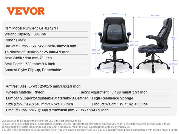 VEVOR executive office chair with flip-up armrests, 300 lbs capacity, black pu leather.