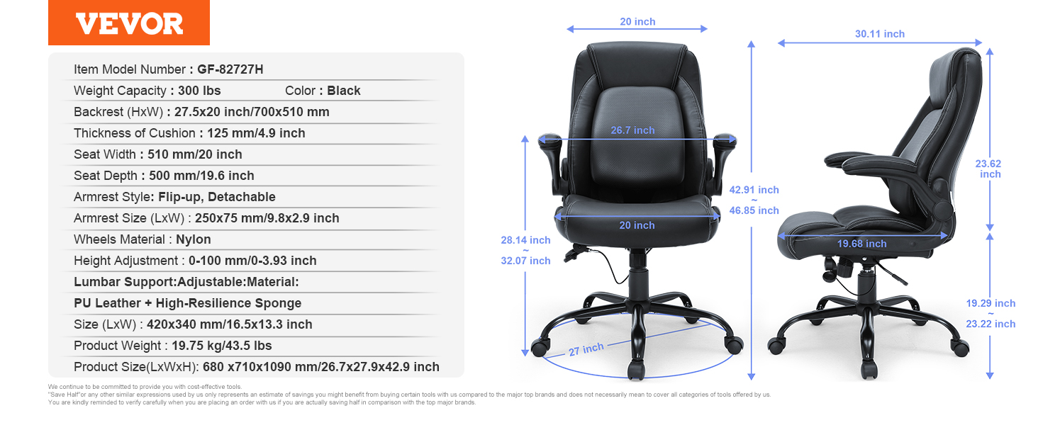 VEVOR executive office chair with flip-up armrests, 300 lbs capacity, black pu leather.
