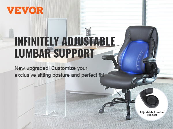 VEVOR executive office chair with infinitely adjustable lumbar support in a modern office setting.