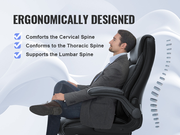 ergonomically designed VEVOR executive office chair supporting cervical, thoracic, and lumbar spine.