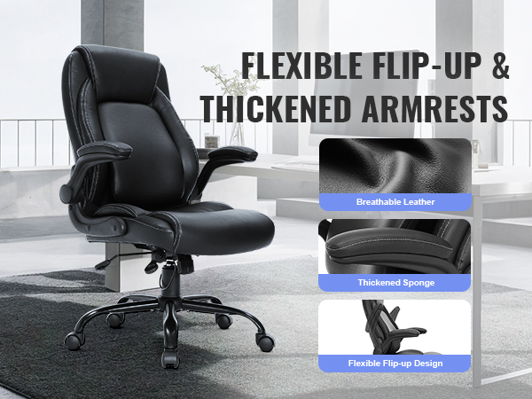 VEVOR executive office chair with breathable leather, thickened sponge, and flip-up armrests in a modern office.