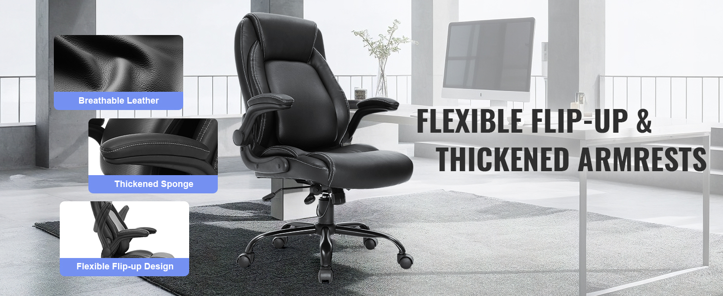 VEVOR executive office chair with breathable leather, thickened sponge, and flip-up armrests in a modern office.