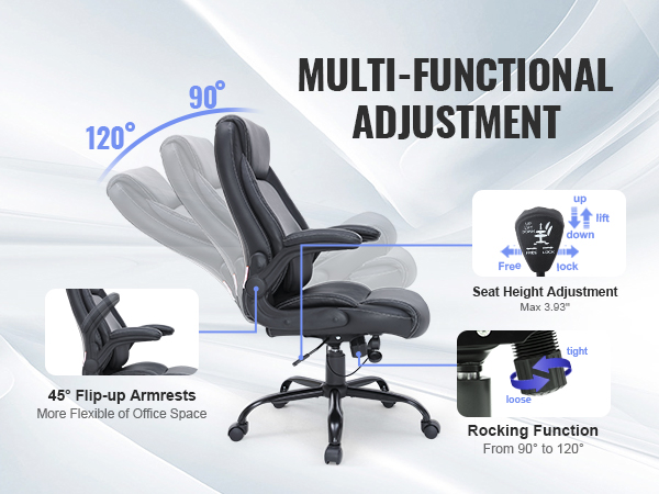 VEVOR executive office chair with adjustable height, 45° flip-up armrests, and 90°-120° rocking function.