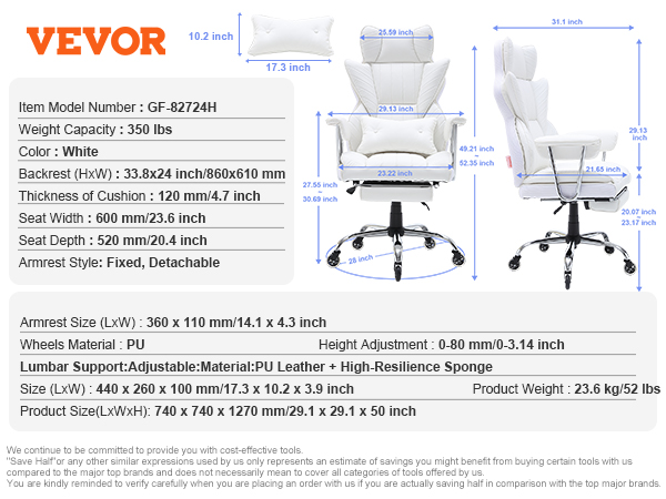 VEVOR reclining office chair in white with adjustable lumbar support, detachable armrests, and pu leather upholstery.