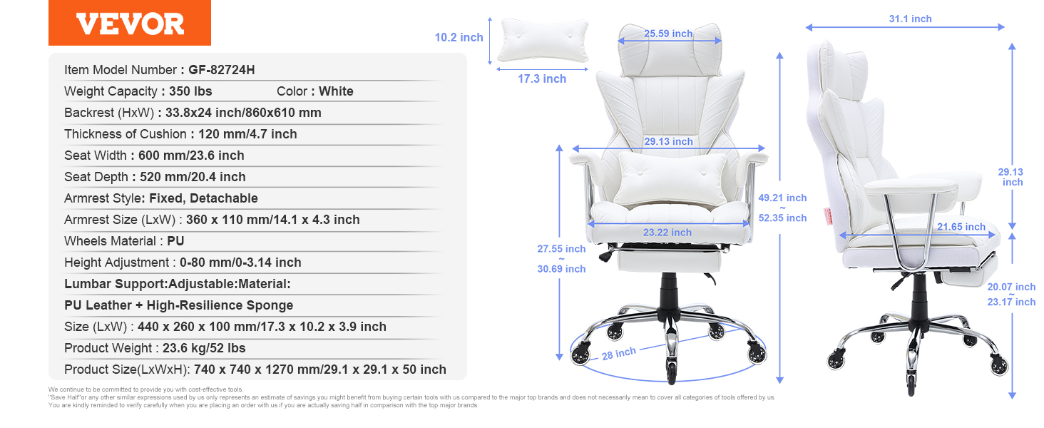VEVOR reclining office chair in white with adjustable lumbar support, detachable armrests, and pu leather upholstery.
