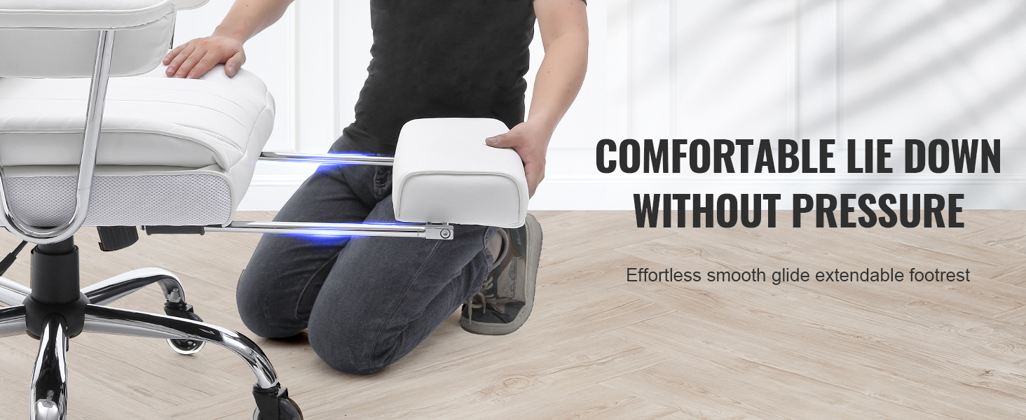 VEVOR reclining office chair with extendable footrest being adjusted by a person on wooden floor.