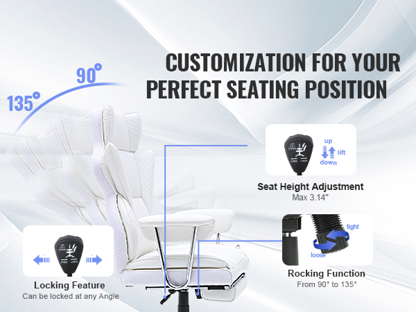 VEVOR reclining office chair with adjustable height, locking feature, and rocking function from 90° to 135°.