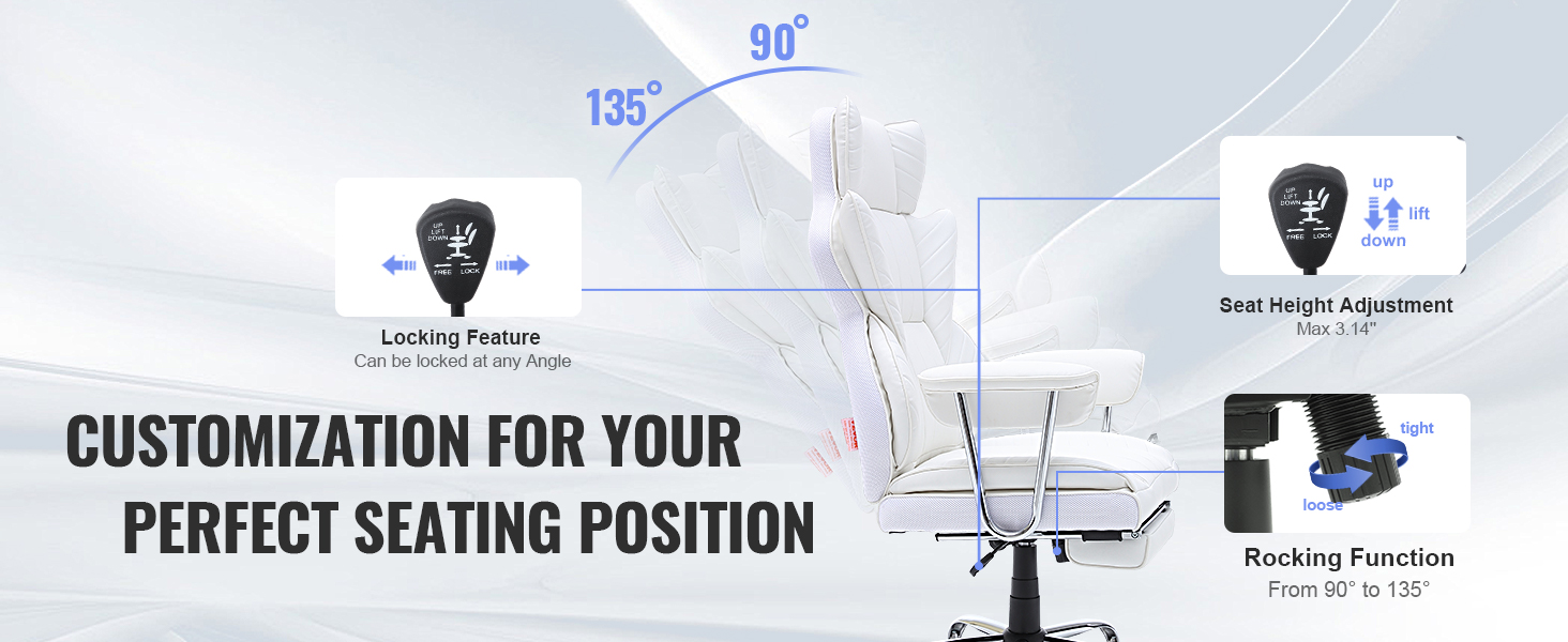 VEVOR reclining office chair with adjustable height, locking feature, and rocking function from 90° to 135°.