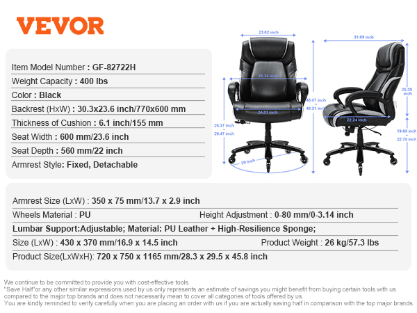 VEVOR executive office chair in black pu leather, highlighting dimensions and features like lumbar support.