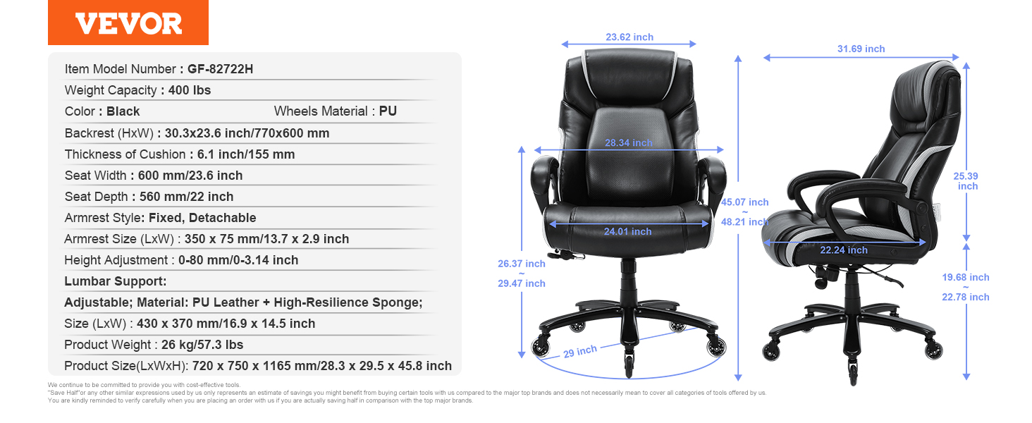 VEVOR executive office chair in black pu leather, highlighting dimensions and features like lumbar support.